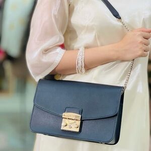 Like New ! Furla Navy Blue Shoulder Bag with Gold Accent